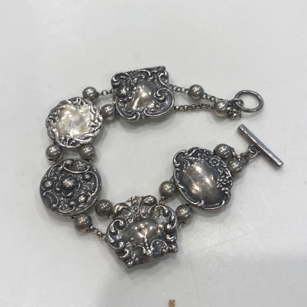 T Foree vintage bracelet with 5 slides and .925 beads. marked T Foree and .925